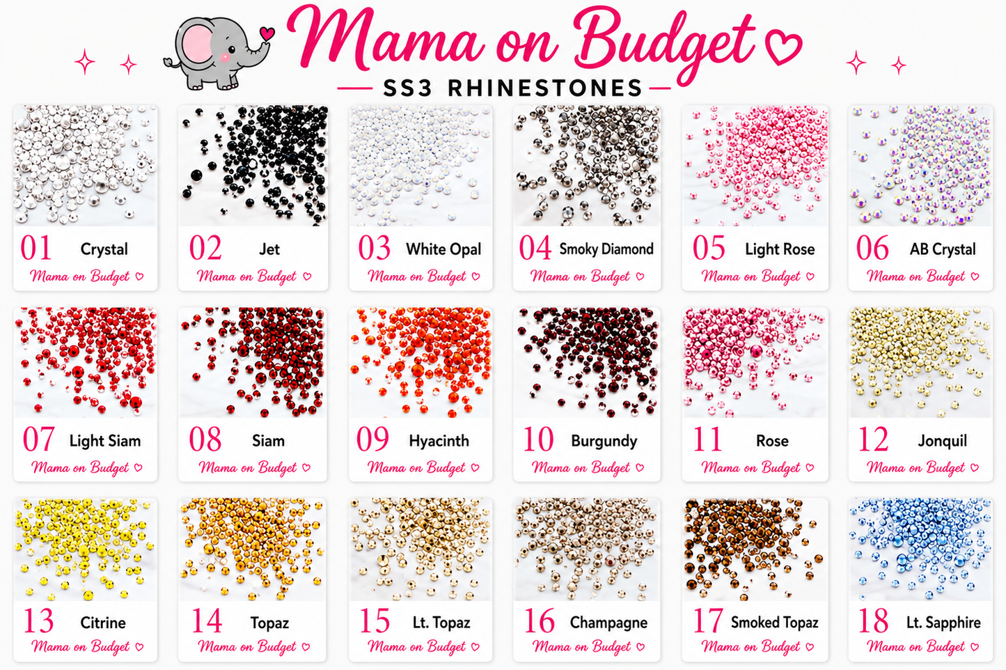 SS3 Glass Rhinestones (1.3-1.4mm) | 1,440+ Pieces | Choose Your Color