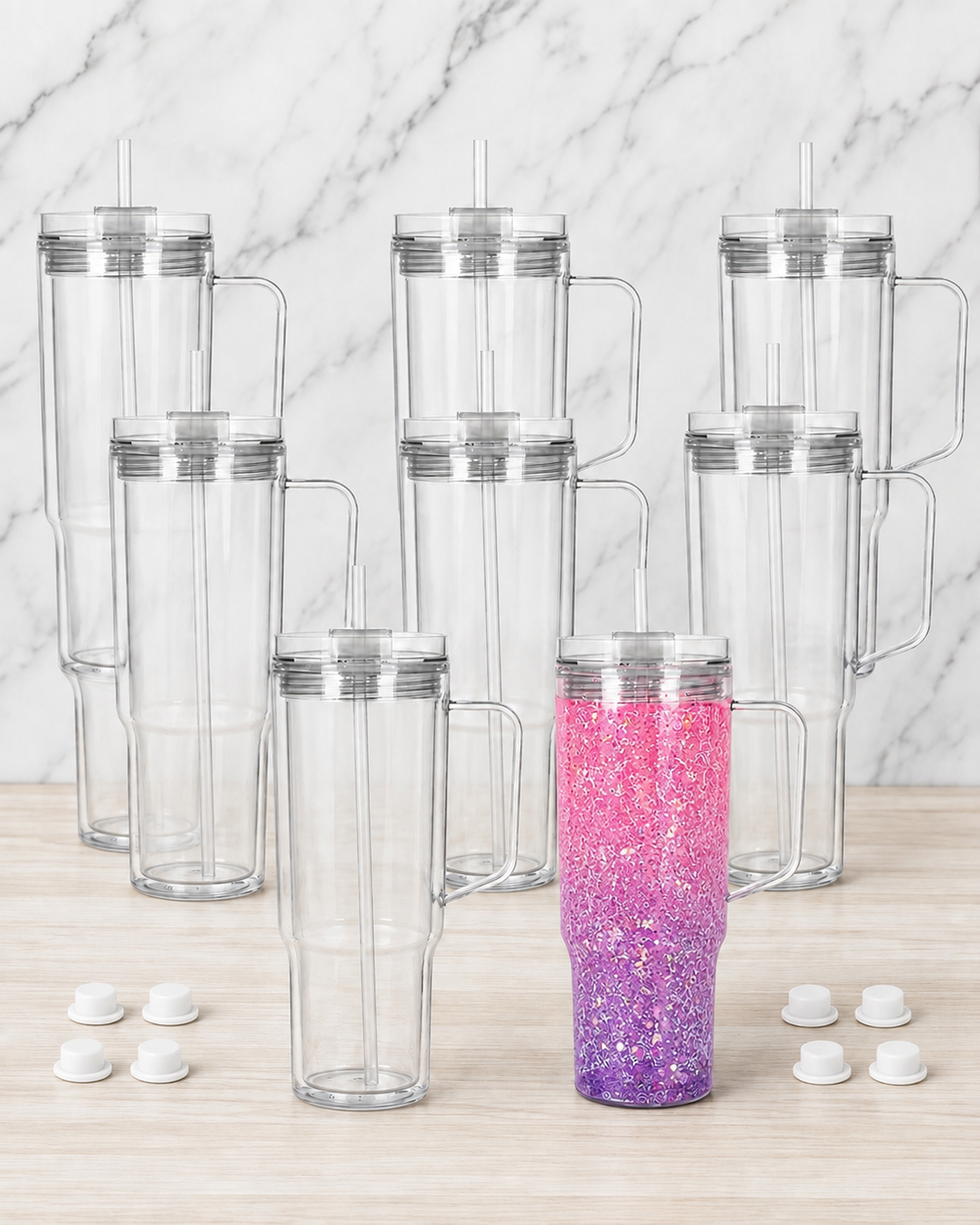 40oz Clear Snowglobe Tumbler with Handle | Double Wall Blank Cup with Lid, Straw & Plug