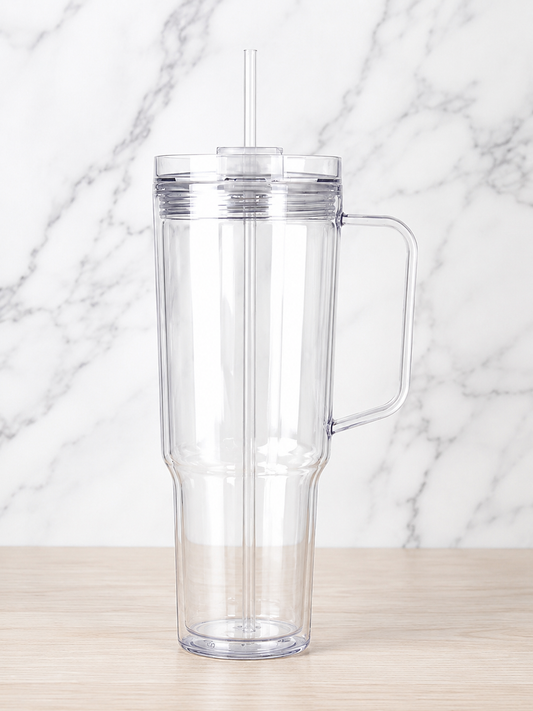 40oz Clear Snowglobe Tumbler with Handle | Double Wall Blank Cup with Lid, Straw & Plug