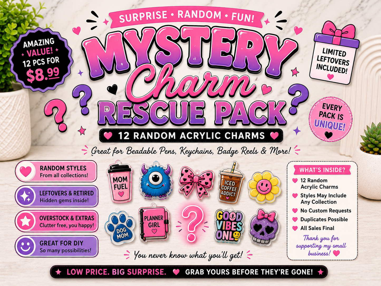 Mystery Acrylic Charm Rescue Pack | 12 PCS or 25 PCS | Random DIY Charm Bundle